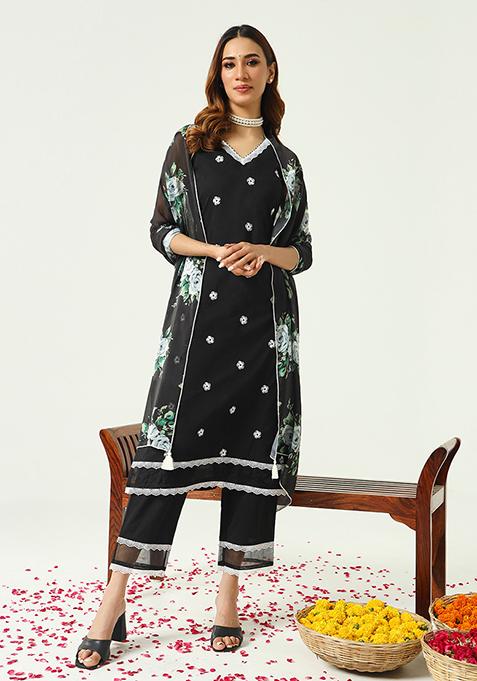 Black Abstract Print Cotton Kurta Set