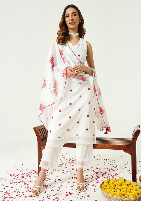 White Abstract Print Cotton Kurta Set