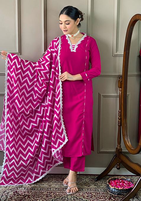 Pink Abstract Print Viscose Kurta Set