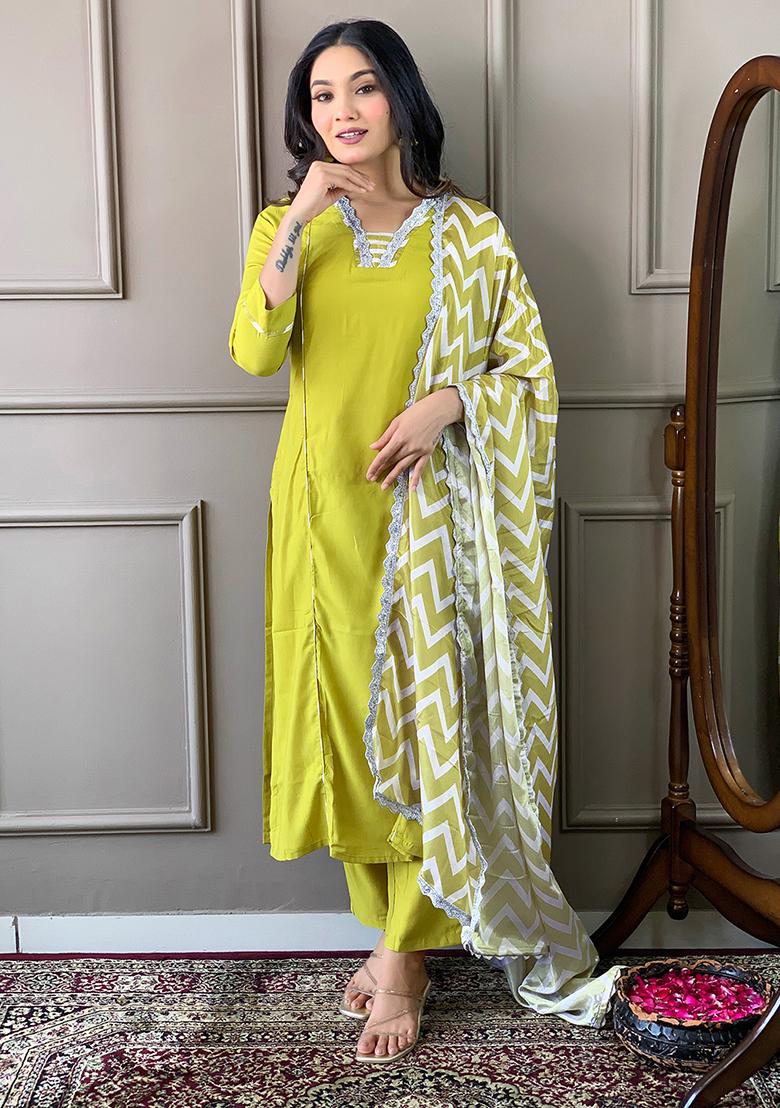 Lemon Green Abstract Print Viscose Kurta Set