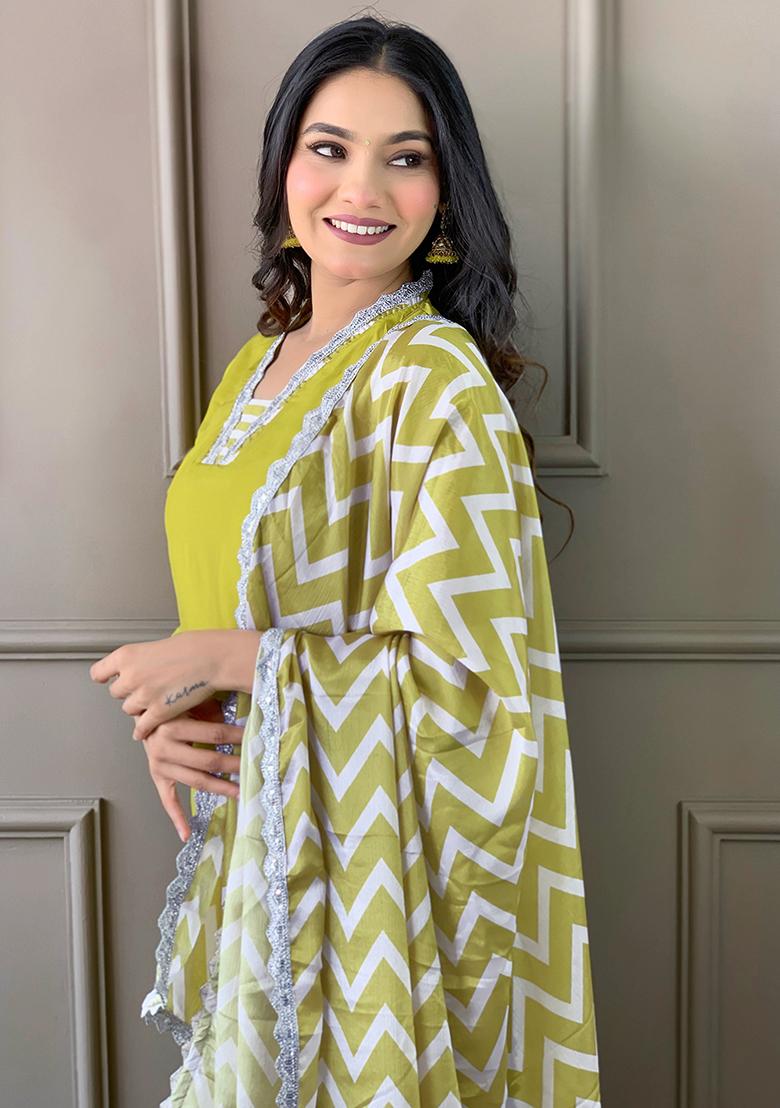 Lemon Green Abstract Print Viscose Kurta Set