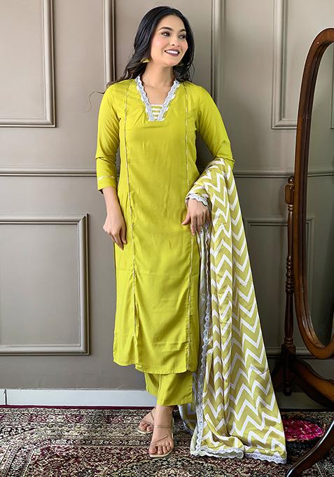 Lemon Green Abstract Print Viscose Kurta Set