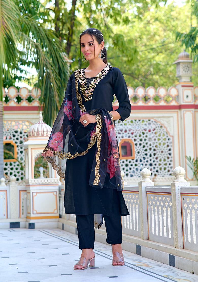 Black Abstract Print Chanderi Kurta Set