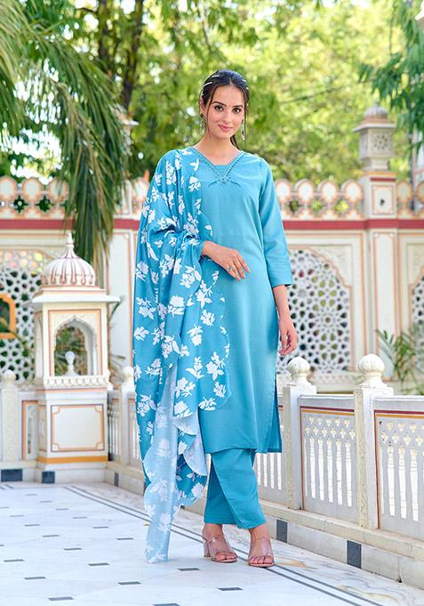 Sky Blue Abstract Print Chanderi Kurta Set