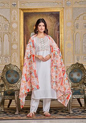 White Abstract Print Chanderi Kurta Set