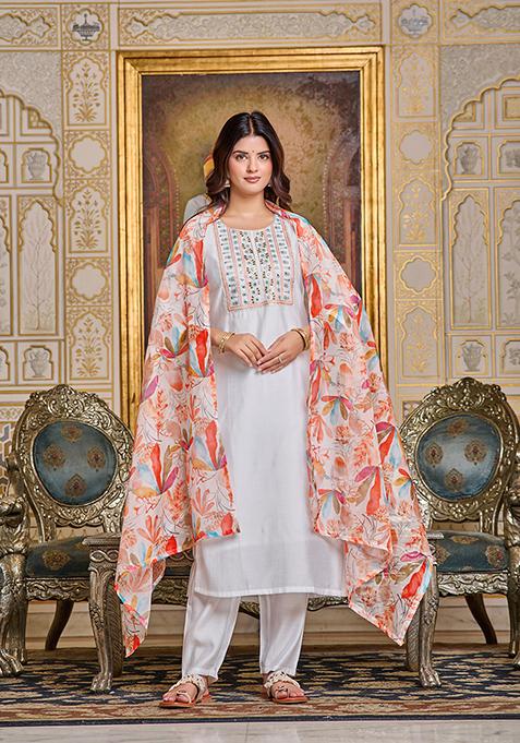 White Abstract Print Chanderi Kurta Set