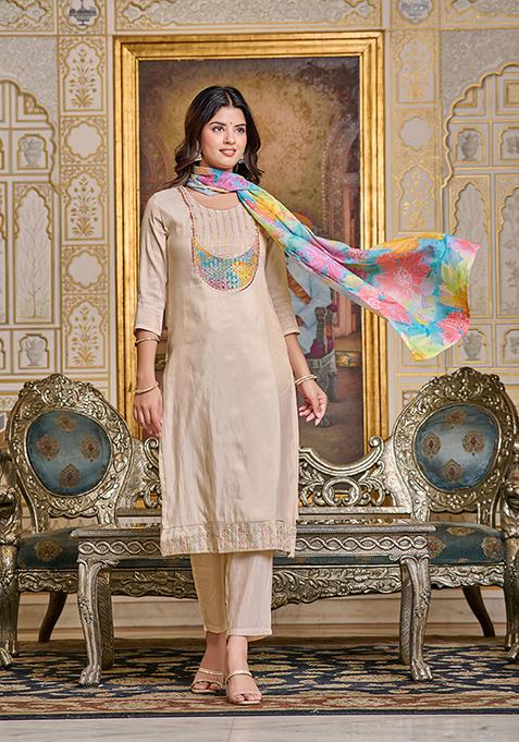 Peach Abstract Print Art Silk Kurta Set