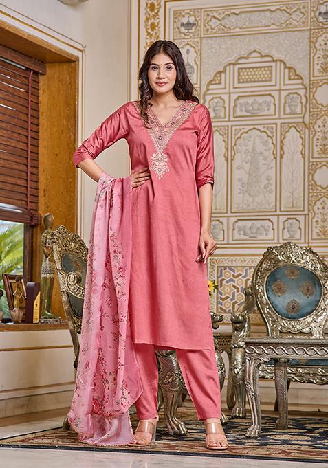 Pink Abstract Print Chanderi Kurta Set