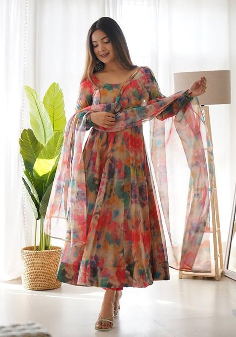 Multicolor Digital Print Organza Silk Kurta Set