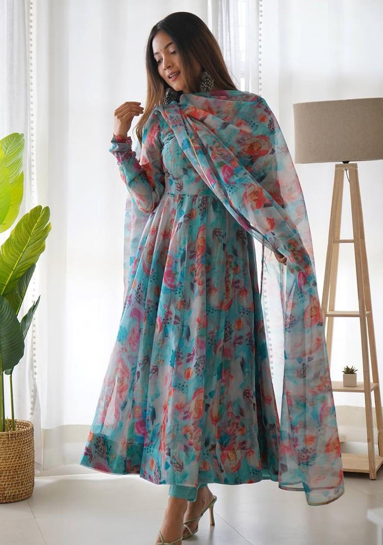 Multicolor Digital Print Organza Silk Kurta Set