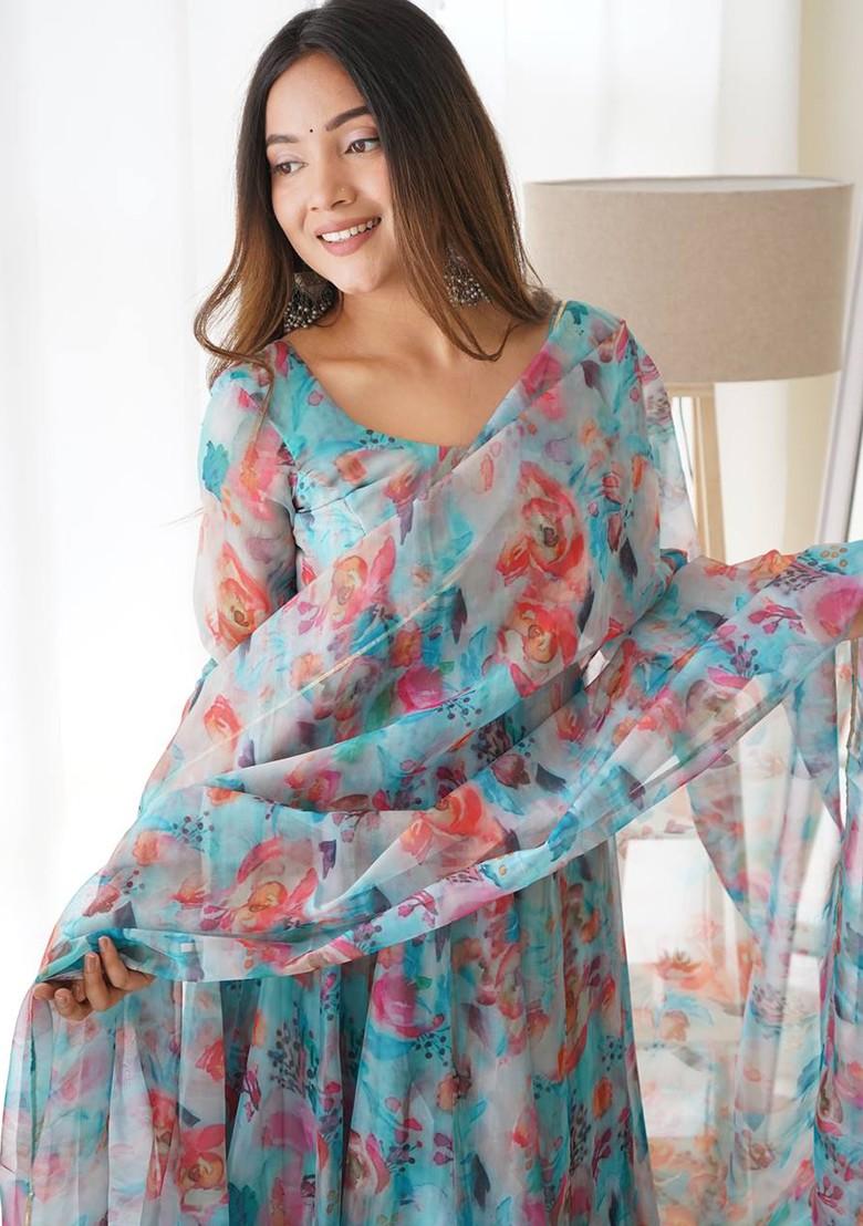 Multicolor Digital Print Organza Silk Kurta Set