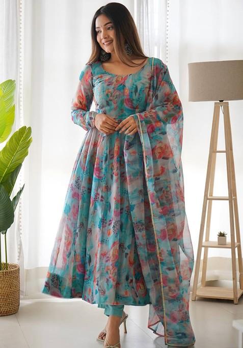 Multicolor Digital Print Organza Silk Kurta Set