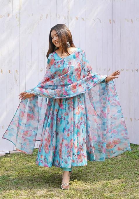 Multicolor Digital Print Organza Silk Kurta Set