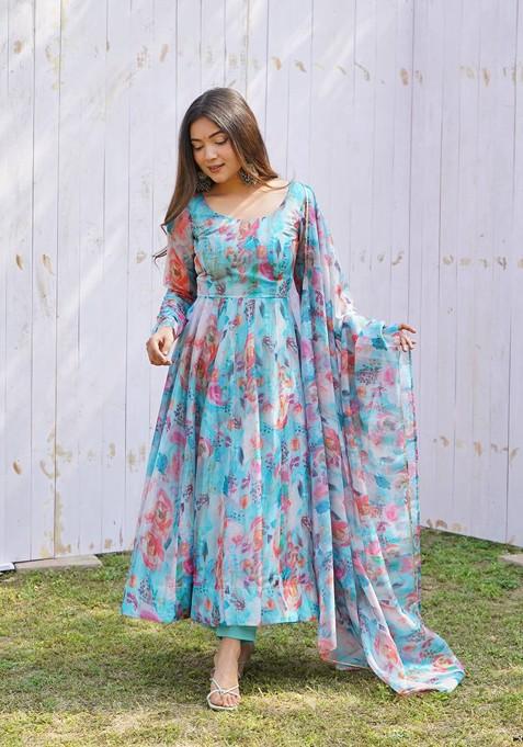 Multicolor Digital Print Organza Silk Kurta Set