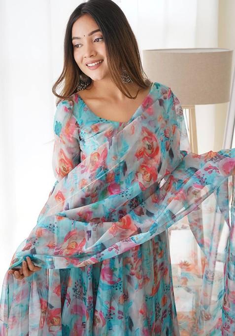 Multicolor Digital Print Organza Silk Kurta Set