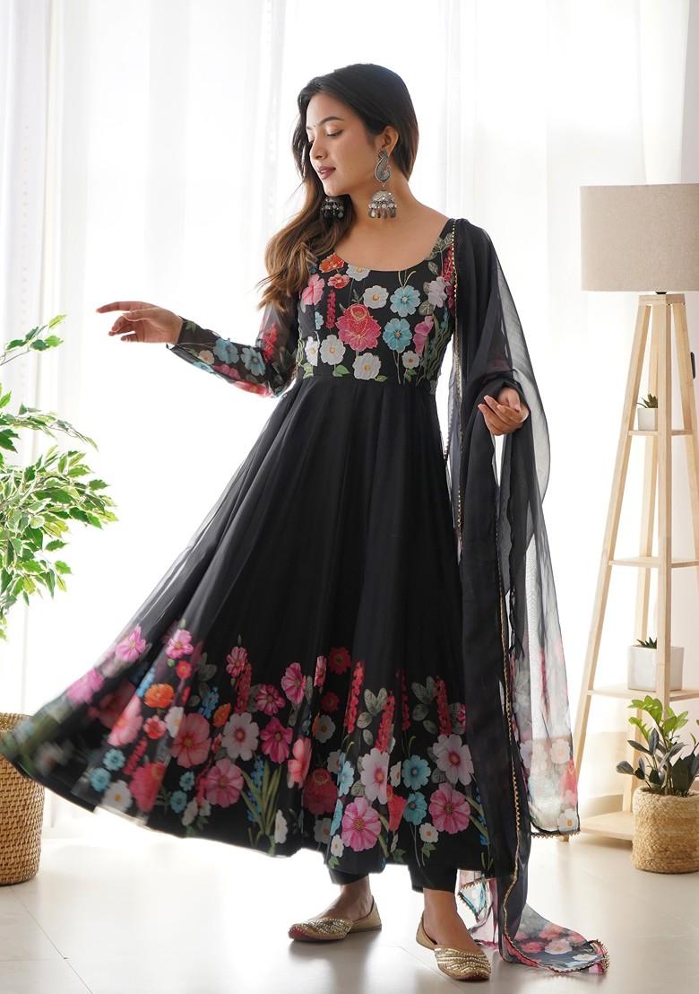 Black Digital Print Embroidered Organza Silk Set