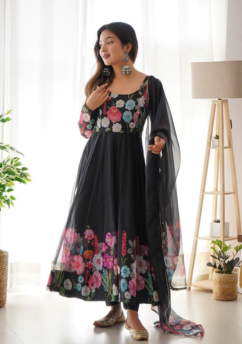 Black Digital Print Embroidered Organza Silk Set