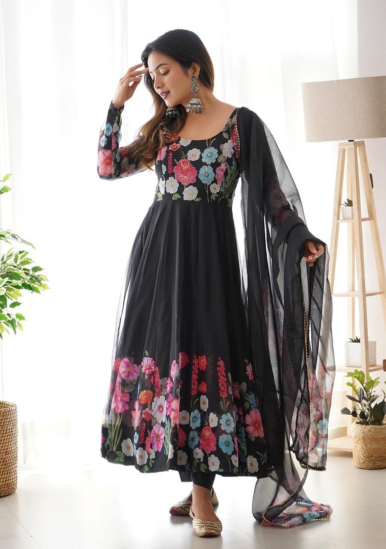 Black Digital Print Embroidered Organza Silk Set