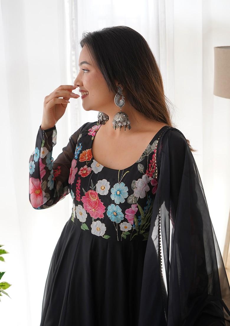 Black Digital Print Embroidered Organza Silk Set
