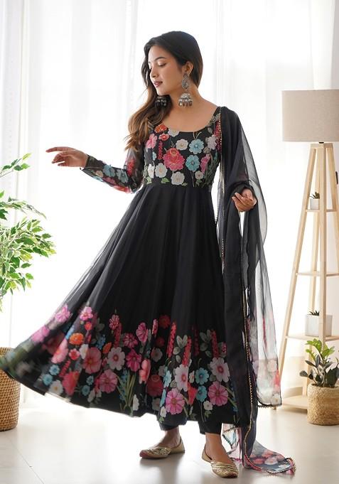 Black Digital Print Embroidered Organza Silk Set