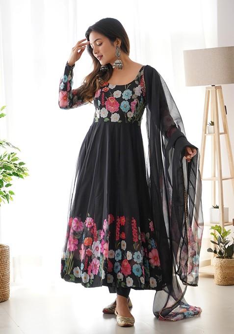 Black Digital Print Embroidered Organza Silk Set