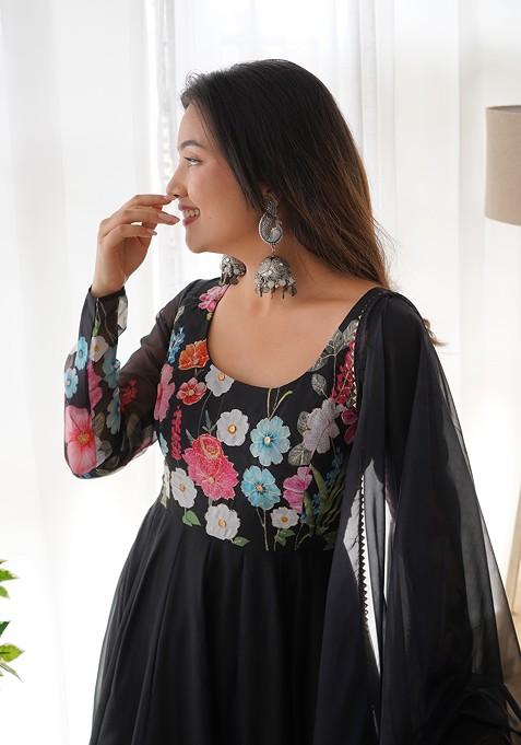 Black Digital Print Embroidered Organza Silk Set