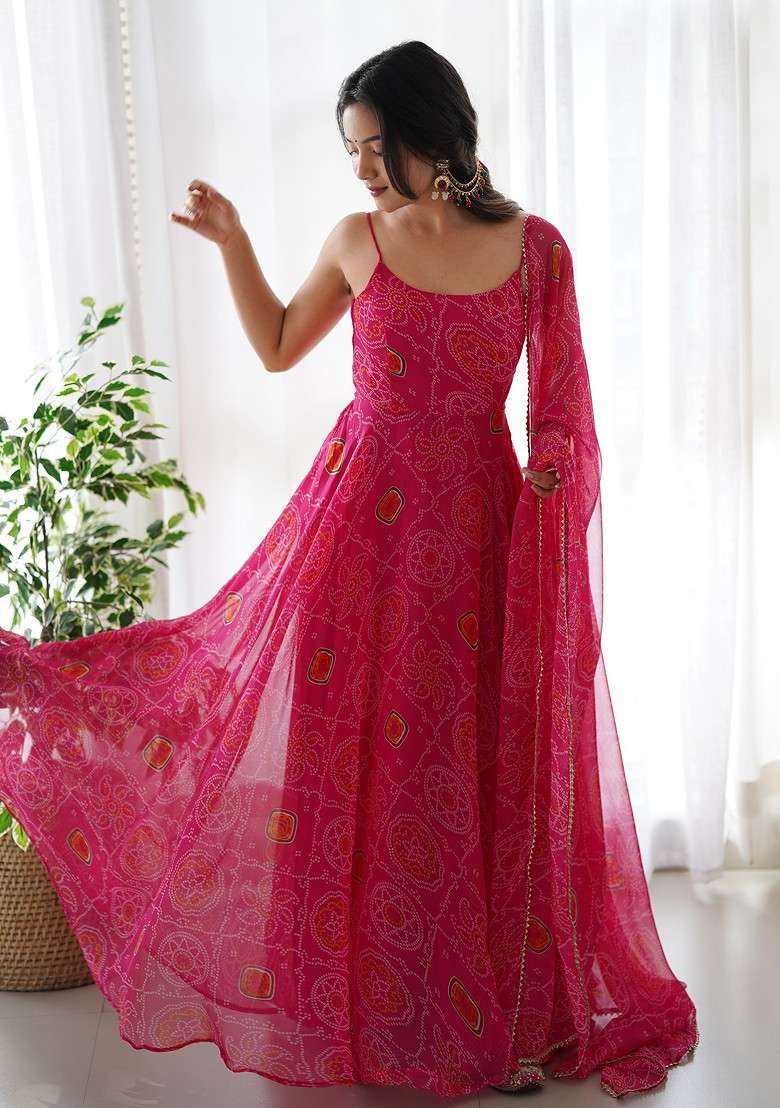 Rani Pink Printed Chiffon Anarkali Set - Indya