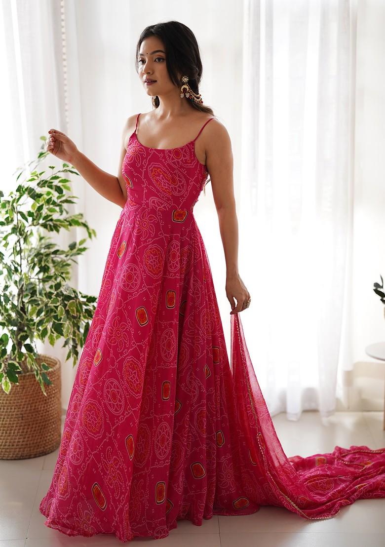 Rani Pink Bandhej Print Chiffon Kurta Set