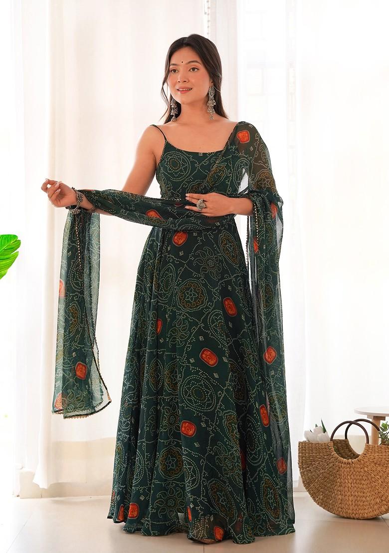 Dark Green Bandhej Print Chiffon Kurta Set