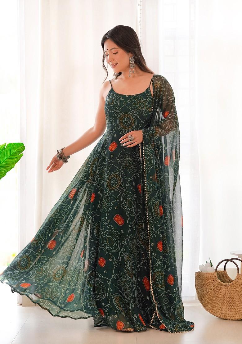 Dark Green Bandhej Print Chiffon Kurta Set