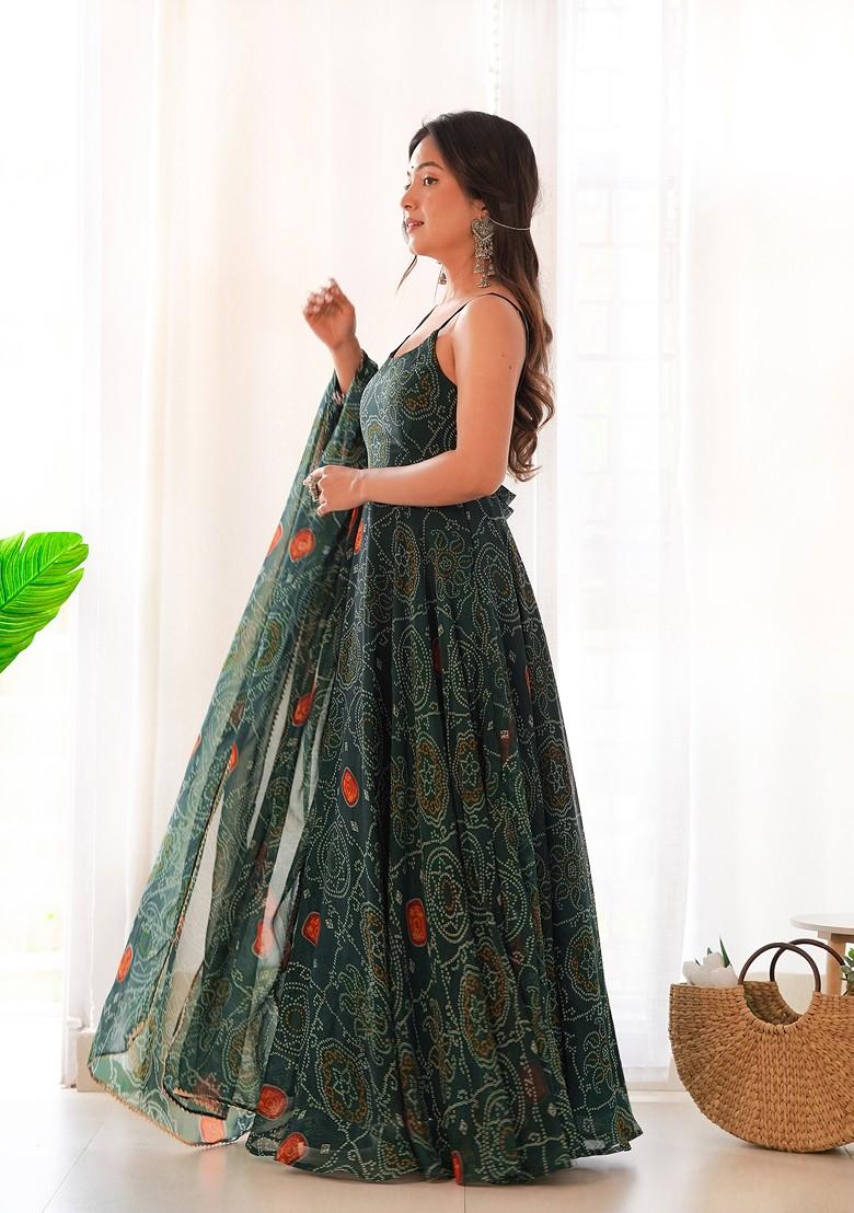 Dark Green Bandhej Print Chiffon Kurta Set