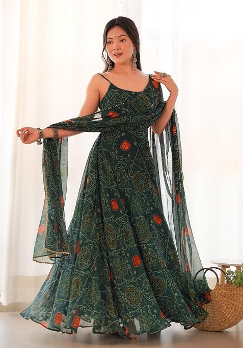 Dark Green Bandhej Print Chiffon Kurta Set