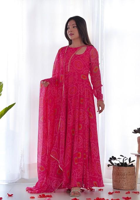 Rani Pink Bandhej Print Chiffon Kurta Set