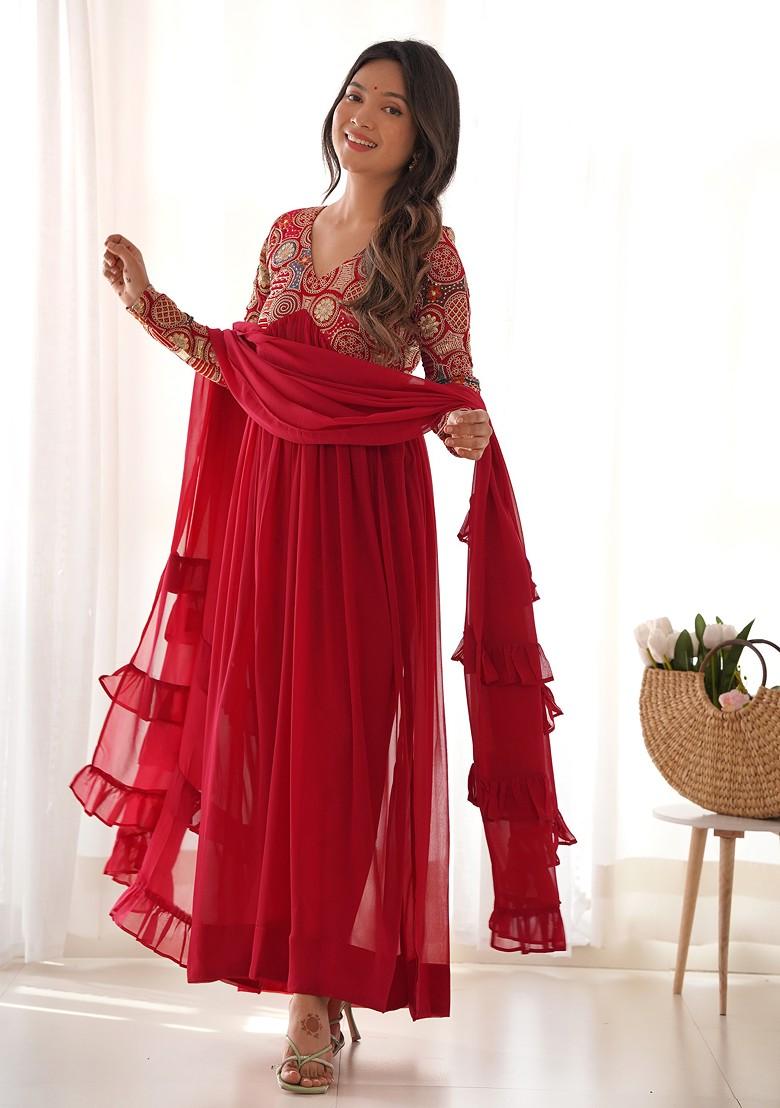 Red Embroidered Georgette Anarkali Set - Indya