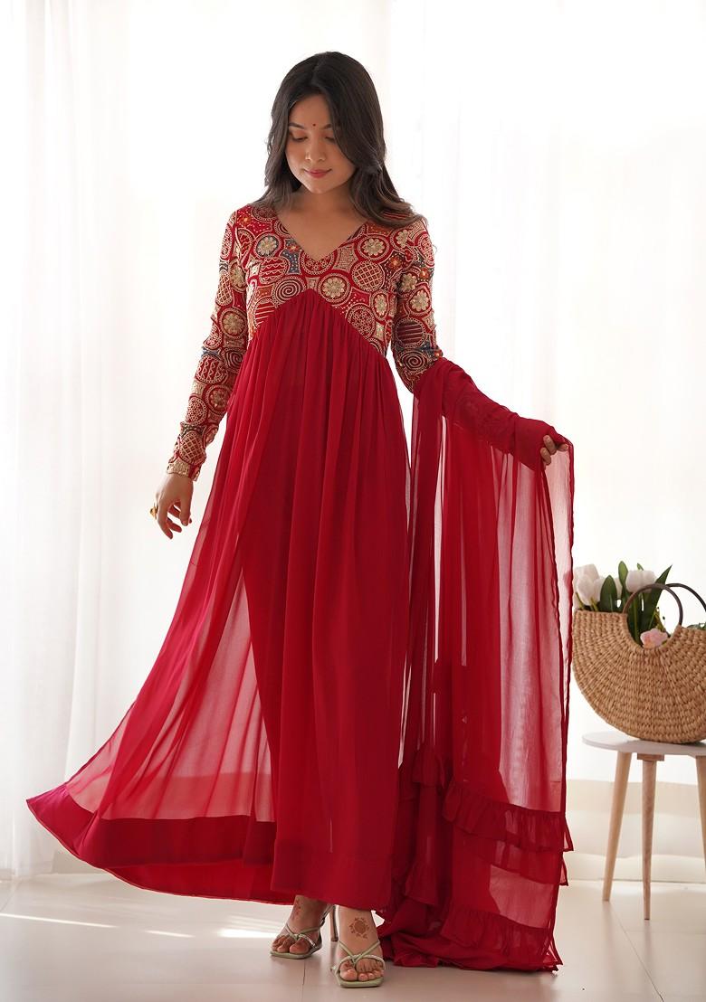 Red Embroidered Georgette Anarkali Set - Indya
