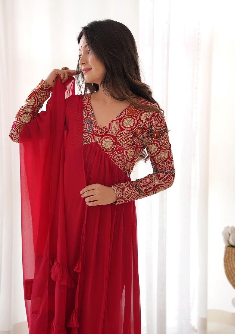 Red Embroidered Georgette Anarkali Set - Indya