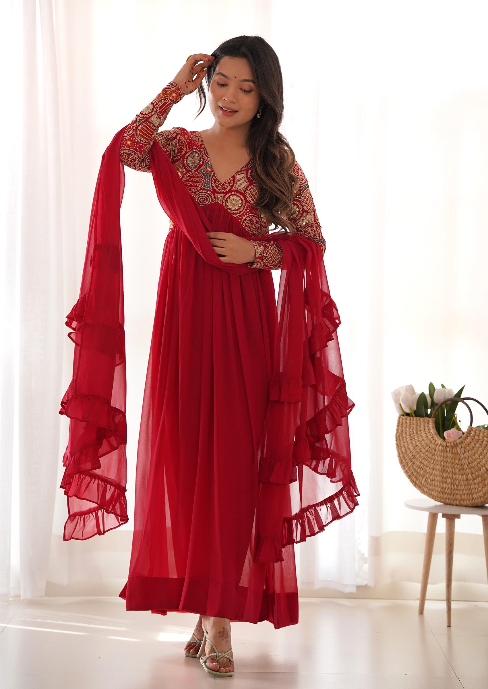 Red Embroidered Georgette Anarkali Set - Indya