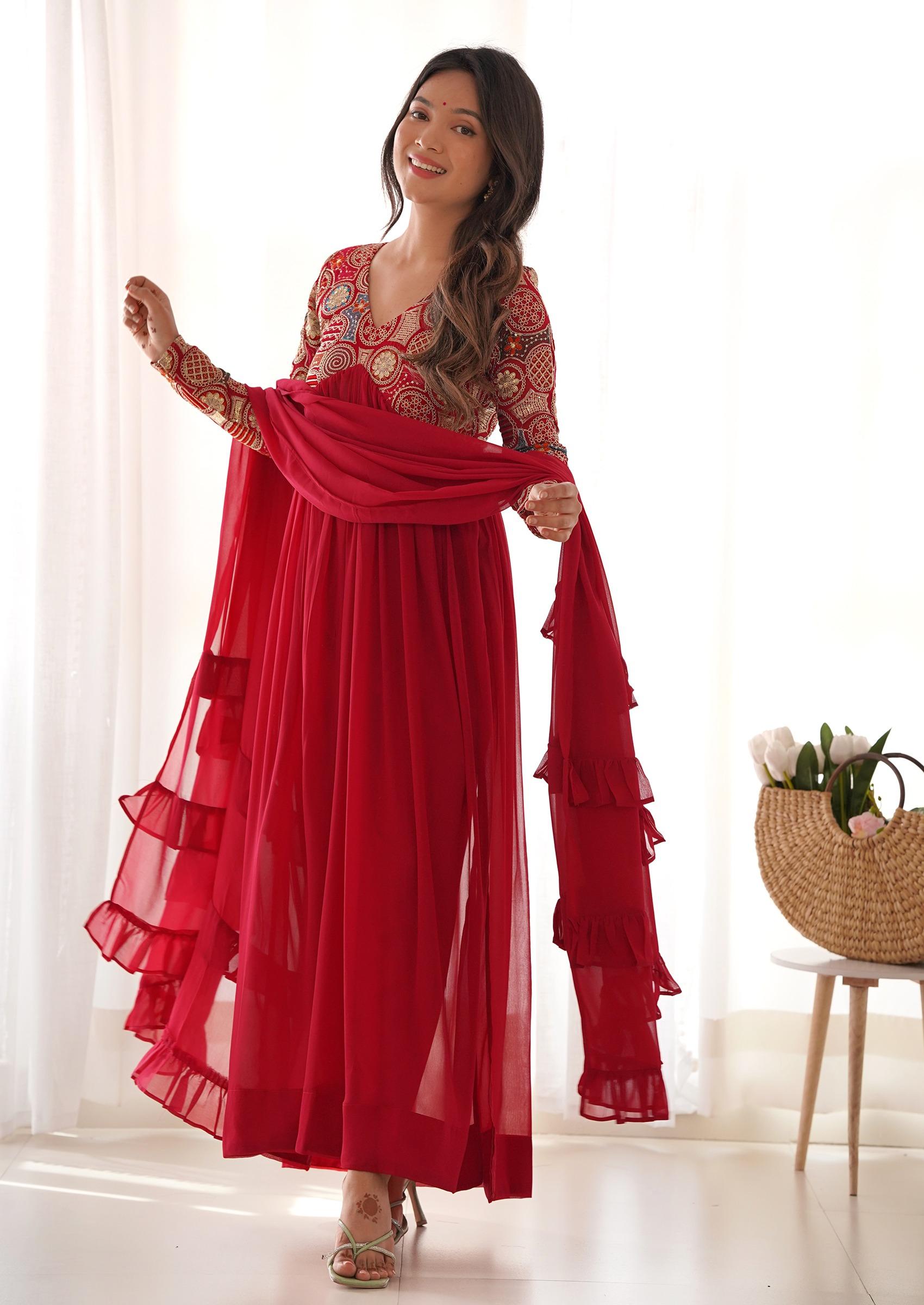 Red Embroidered Georgette Anarkali Set - Indya