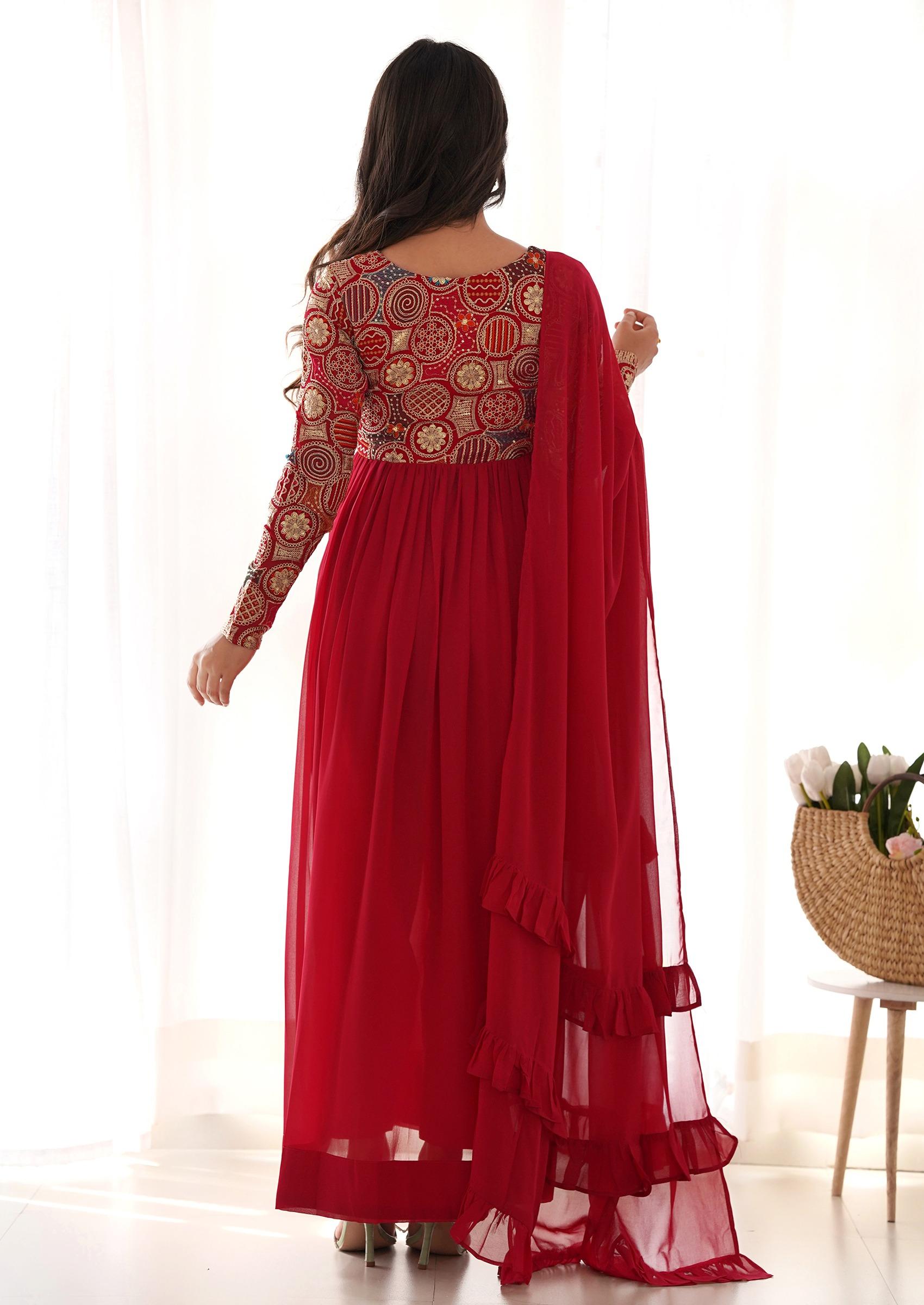 Red Embroidered Georgette Anarkali Set - Indya