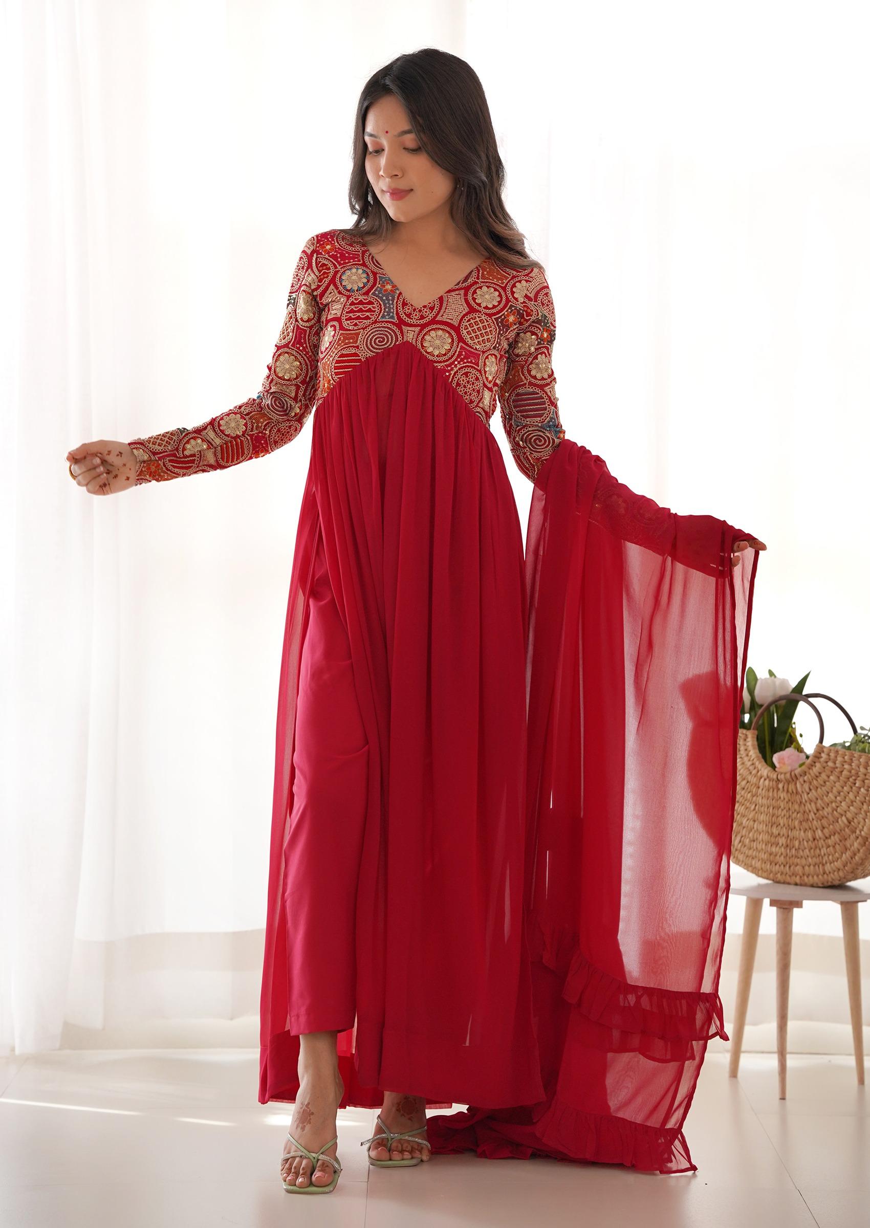 Red Embroidered Georgette Anarkali Set - Indya