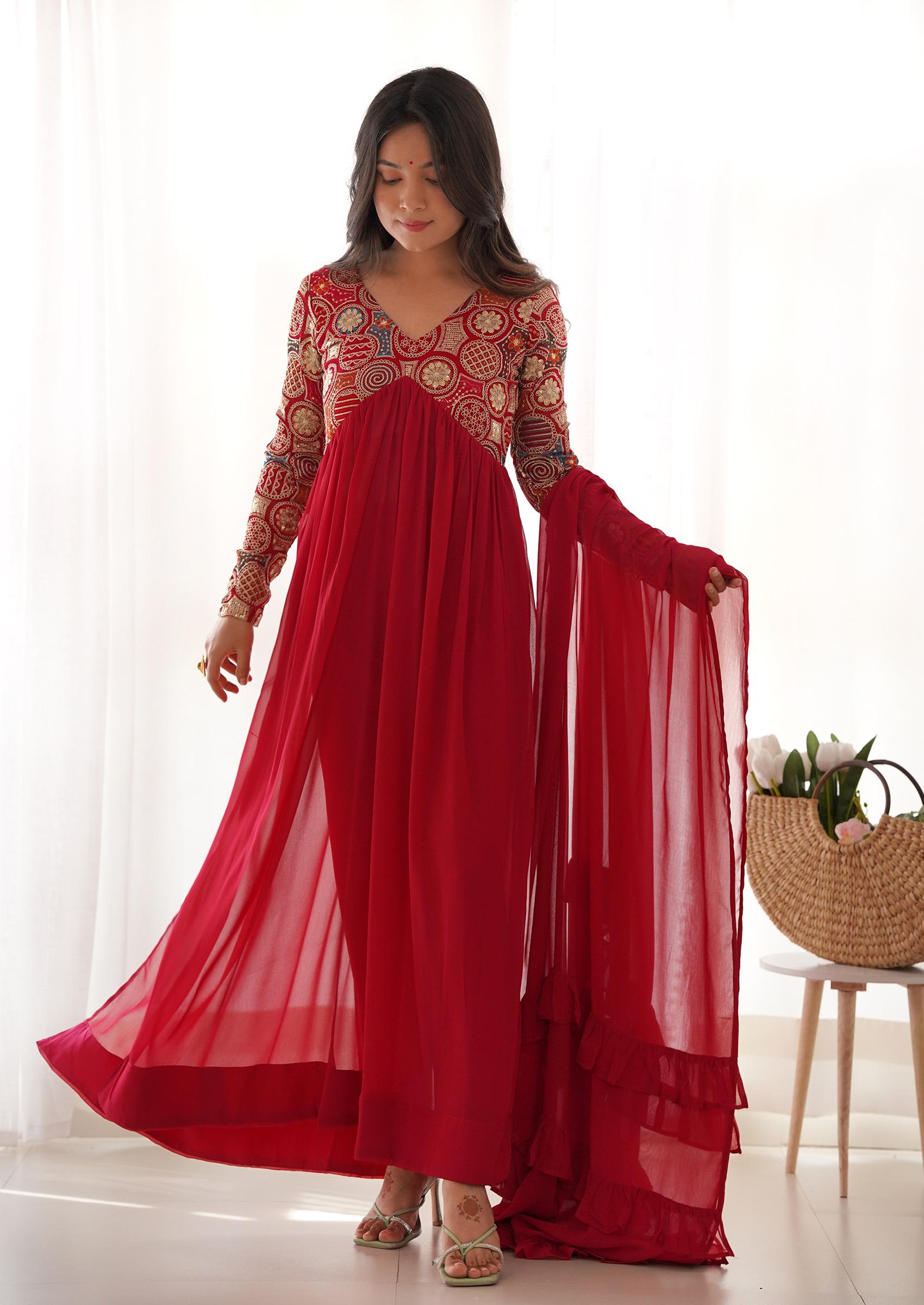 Red Embroidered Georgette Anarkali Set - Indya
