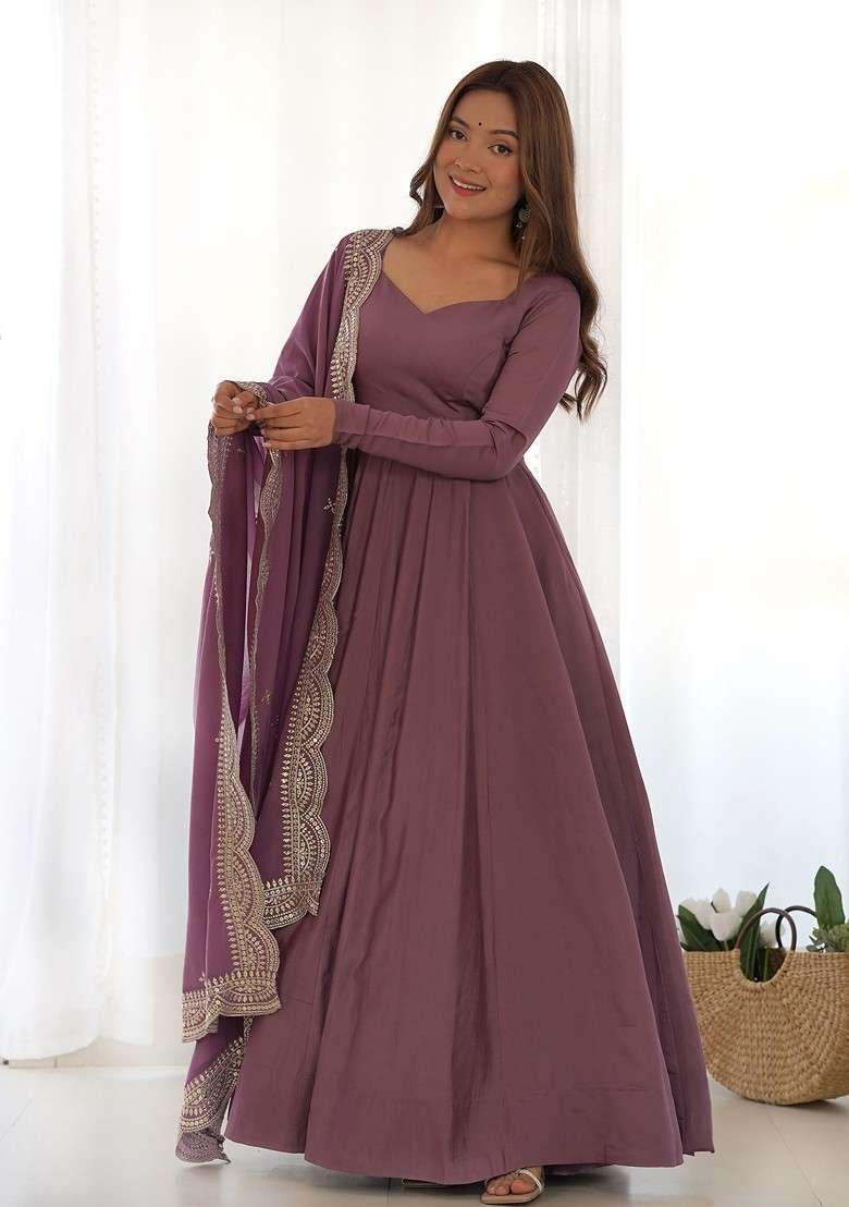 Mauve Embroidered Silk Blend Anarkali Set - Indya