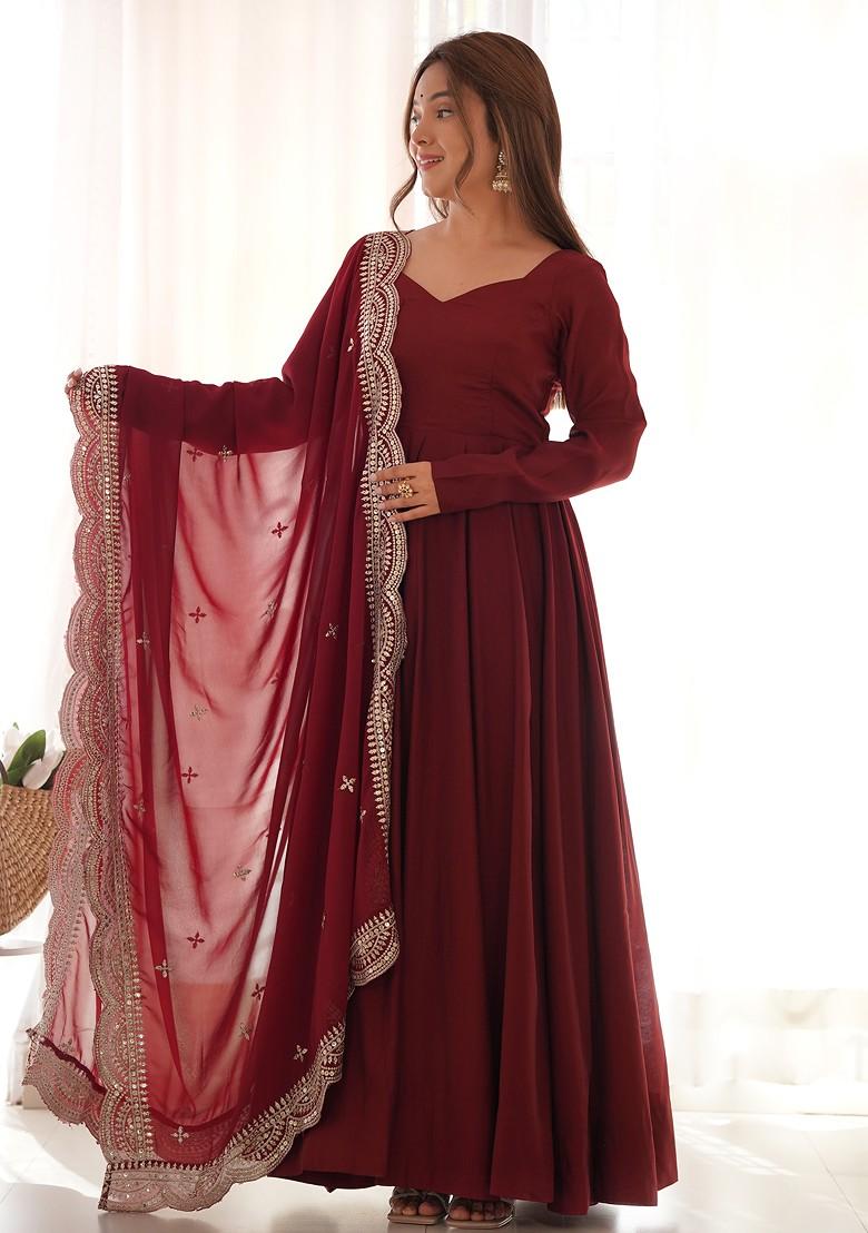 Maroon Solid Roman Silk Chanderi Kurta Set