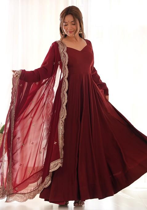 Maroon Solid Roman Silk Chanderi Kurta Set