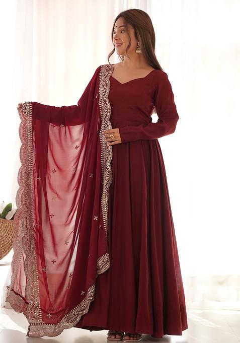 Maroon Solid Roman Silk Chanderi Kurta Set
