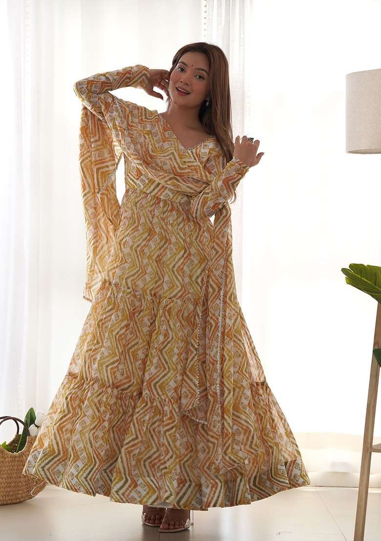 Yellow Printed Faux Blooming Anarkali Set - Indya