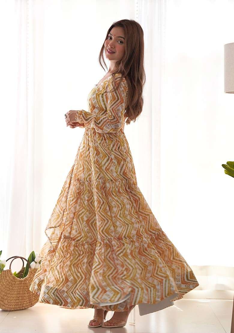 Yellow Printed Faux Blooming Anarkali Set - Indya