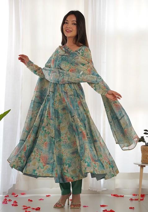 Multicolor Digital Print Organza Silk Kurta Set