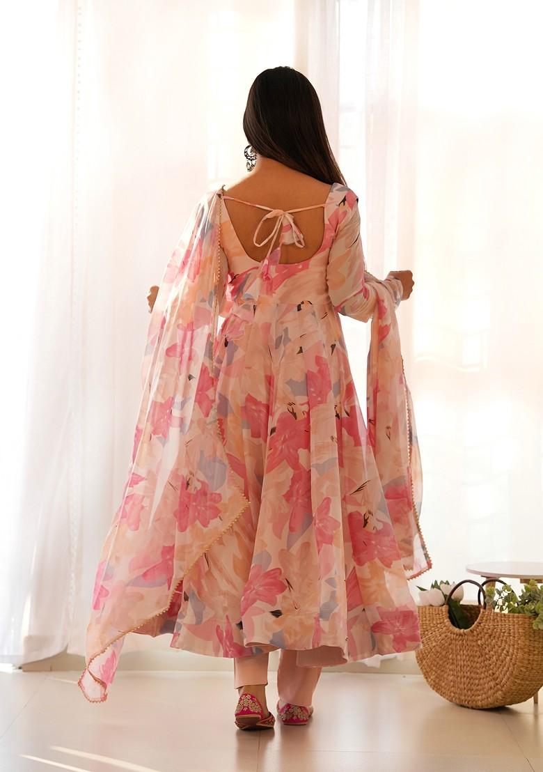 Peach Digital Print Faux Georgette Kurta Set - Indya