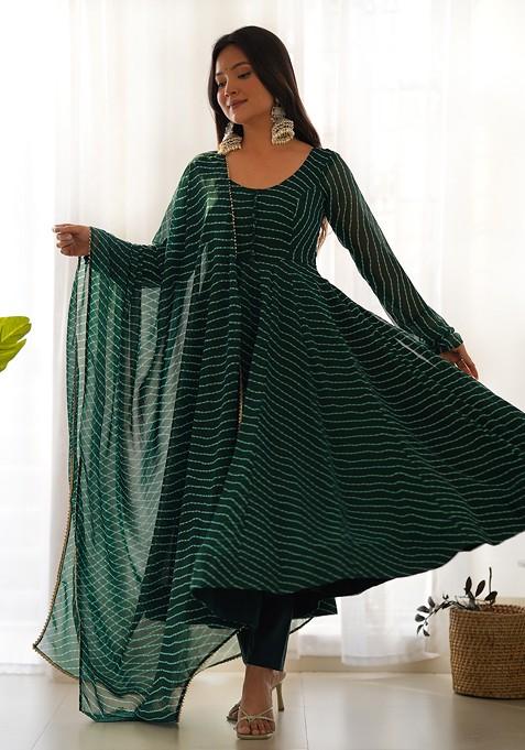 Dark Green Printed Faux Georgette Kurta Set